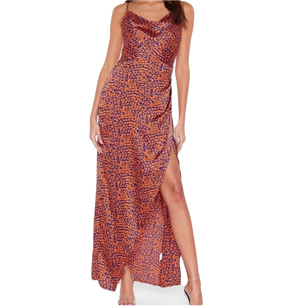 Rebdolls Feel It Still Leopard Print Slip Dress Cowl Neck Orange Blue Strappy 3X